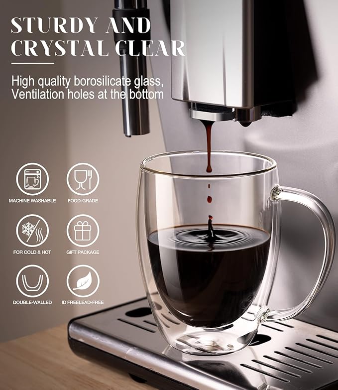 OJA Double Wall Glass Coffee Mugs Set of 4, Hand Blown 12.5OZ Clear Glass Coffee Cups, Insulated Tea Mug, Perfect for Espresso, Cappuccino, Latte, American,Tea Bag, Beverage