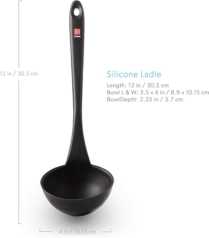 DI ORO Silicone Ladle – Soup Ladle for Cooking & Serving Heat-Resistant - Large Kitchen Soup Ladle Nonstick Cookware Safe - Soup Serving Spoon with Wide Bowl - Silicone Utensil Dishwasher Safe (Black)