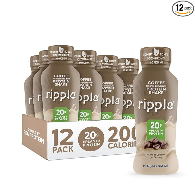 Ripple Coffee Plant Based Protein Shake | 20g of Quality Sourced Pea Protein, 100mg Caffeine, Calcium | Shelf Stable | Vegan & Non GMO | Dairy, Soy, Nut, & Gluten Free | 12 Fl Oz Bottles (Pack of 12)