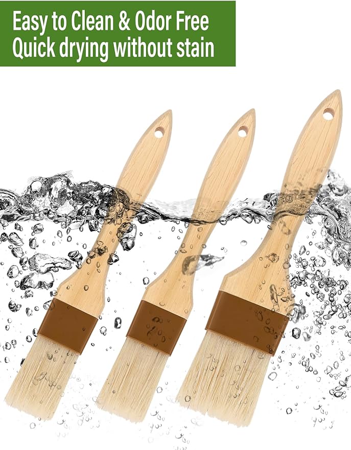 Pastry brush,Basting brush for Cooking,Natural Bristle BBQ Brush for Oil & Sauce,Wooden Handle Food Brush for Baking,Easy Clean Butter Brush,Durable Kitchen Culinary Utensil (1", 1 1/2 Inch,3 Pack)