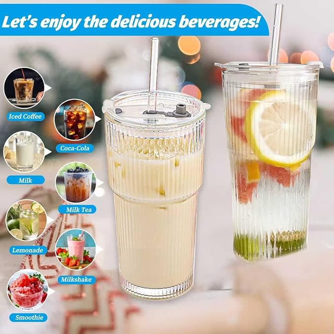 20 oz Glass Tumbler with Lid and Straw, 4 Pack Clear Ribbed Iced Coffee Cup, High Borosilicate Glass Tumbler, Reusable Vintage Glassware for Iced Coffee, Smoothies, Cocktails, and Juices