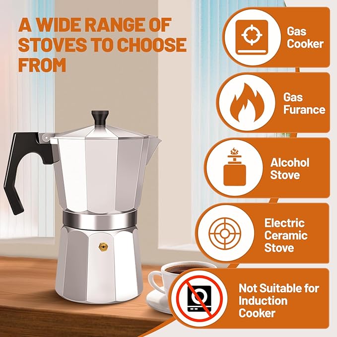 6 Cup Aluminum Espresso Stovetop Moka Pot Express Coffee Maker Percolator Italian Classic Mocha Coffee Machine for Italian and Cuban Cafe Brewing for Home & Camping 300ml 10oz