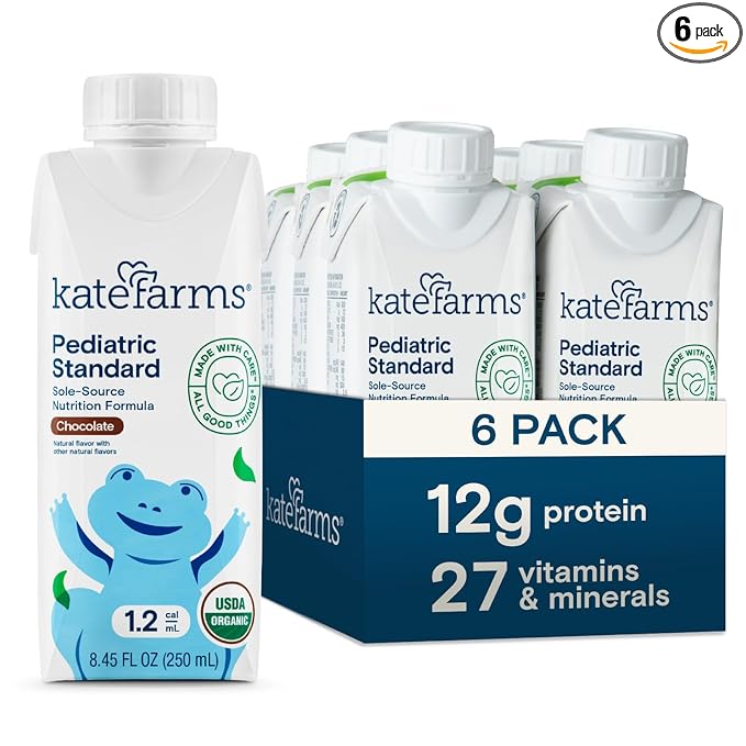 KATE FARMS Organic Pediatric 1.2 High Calorie Chocolate Nutrition Shake, 12g Protein, 27 Vitamins and Minerals, Meal Replacement, 8.45 oz (6 pack)