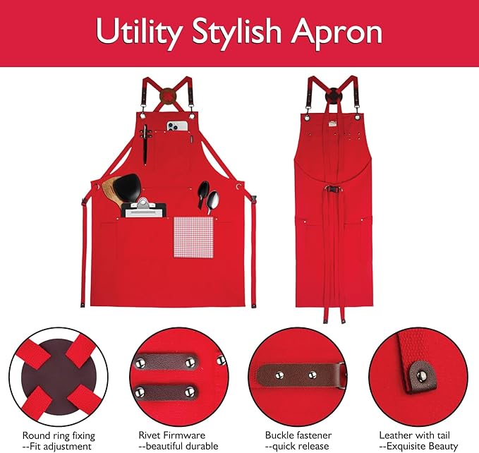 5 Pack Kitchen Apron, Work Apron, Canvas, Multiple Pockets, Gardening, Painting, BBQ, Artist, Carpenter, Sizes M to XXL, Red