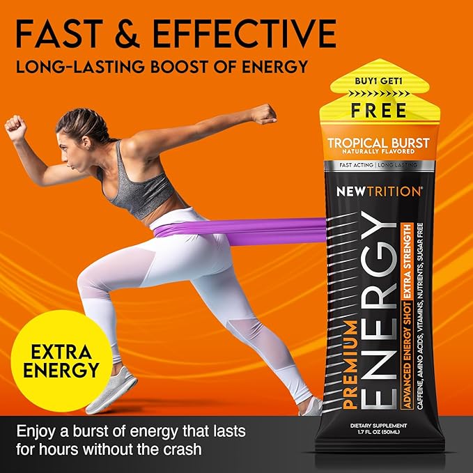 NewTrition® Extra Strength Energy Shots, 250mg Caffeine Energy Shots with Vitamin B & Amino Acids, Sugar-Free Vitamin Energy Shot, 1.7 fl oz (Pack of 12, Tropical Burst)