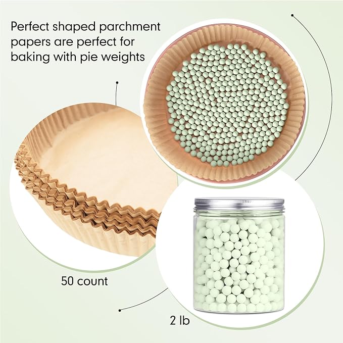 1 Pack Light Green 2 lb Pie Weights for Baking Crust Ceramic Weights Blind Baking Beads with 50 Pcs Disposable Parchment Paper Pie Liner Fit 8,9,10 Inch Dish
