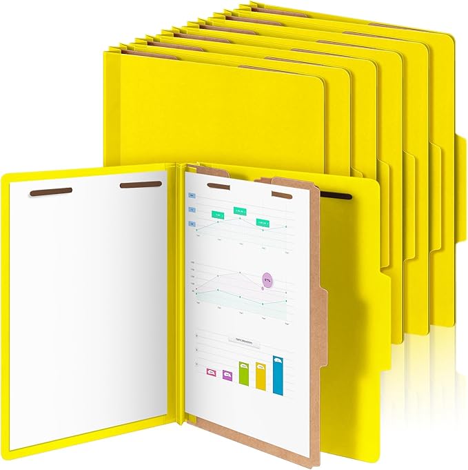 12 Pcs Classification Folders Letter Size, Back to School Supply for Teacher, Student, 1 Divider Pressboard File Folder Bulk with 2 Fasteners, 3.5 Inch Expanding File Organizer (Yellow)