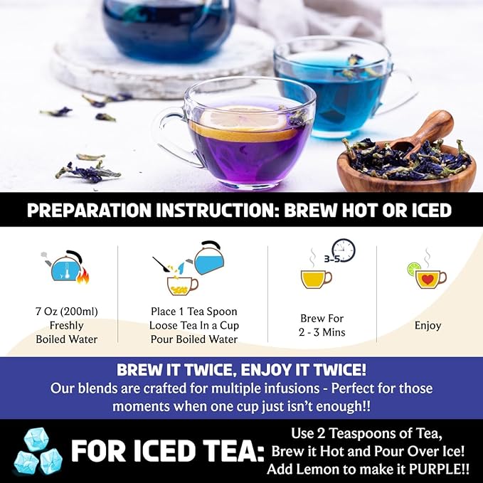 BREWIX, Butterfly Pea Flower Herbal Tea Loose Leaf (40+ Cups,1.41oz/40g) | Caffeine Free | Premium Dried Butterfly Pea Flowers For Blue & Purple Drinks, Food Coloring