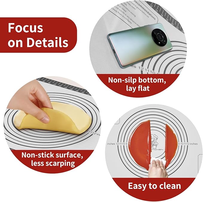 Silicone Baking Mat with Measurement, Non Stick Siliocne Pastrty Mat for Dough Rolling, Making Cookies, Macarons, Bread, Cake and Candy Reusable Fondant Mat Baking Supplies