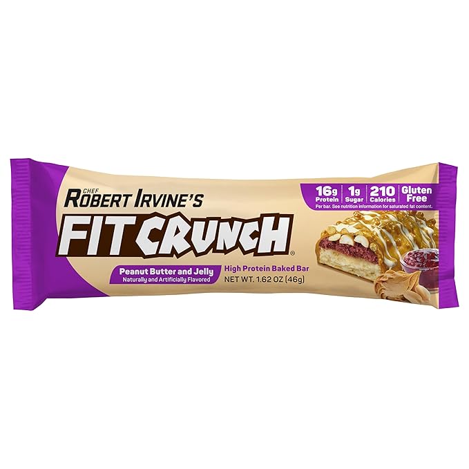 FITCRUNCH Snack Size Protein Bars, Designed by Robert Irvine, 6-Layer Baked Bar, 1g of Sugar, Gluten Free & Soft Cake Core (9 Bars, Peanut Butter and Jelly)
