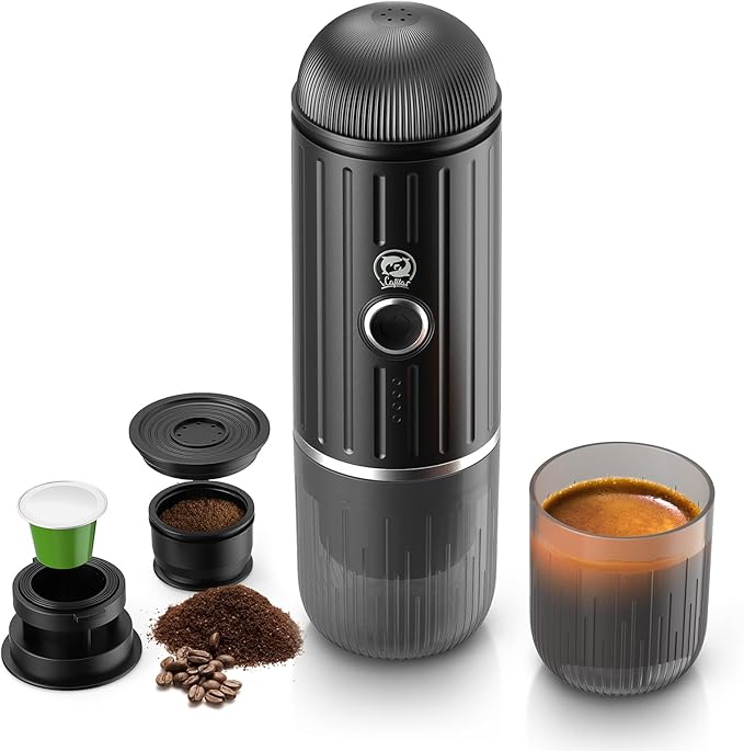 Rich Crema Portable Electric Espresso Coffee Maker, Fast self-heating 2 IN 1 Extraction System Espresso Machine,Support Ground Coffee and NS capsule, for Travel,Car,Hiking,Climbing（Black）