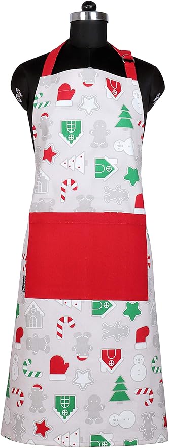 AMOUR INFINI Cotton Aprons for Women with Pocket, Adjustable Strap & Waist Ties - Washable Aprons for Baking, Cooking, Gardening (27.5 x 33 Inches - Christmas Fun)