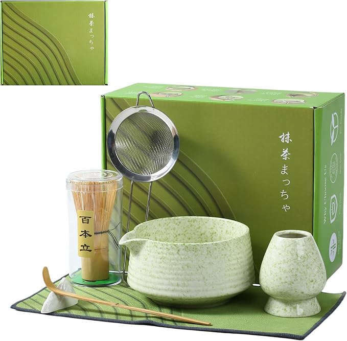 Matcha Whisk Set, Ceramic Matcha Set with Spout, Matcha Bowl Kit with Sifter, Whisk and Holder, Bamboo Scoop, Scoop Rest, Tea Towel, 7 Pcs Matcha Kit Set for Making Breakfast/Latte for Matcha Lovers