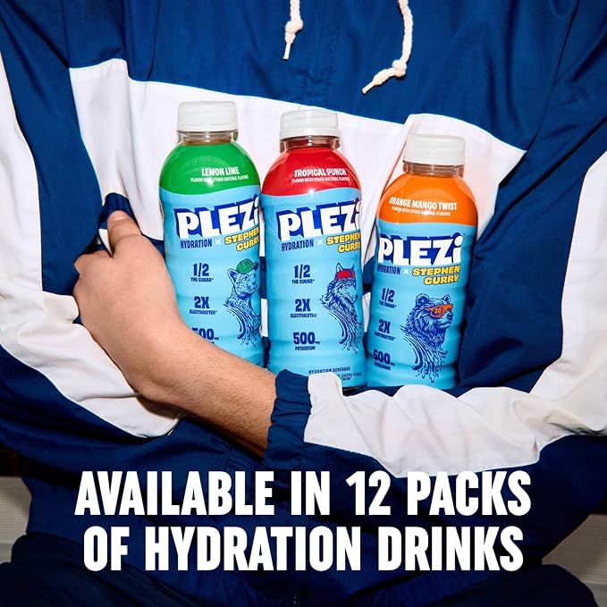 PLEZi Tropical Punch Hydration Drink x Stephen Curry - Sports Drinks with 2X Electrolytes - 500mg Potassium, Low Sugar, No Added Sugar - For Kids & Adults - 16.9 Fl Oz (12 Pack)