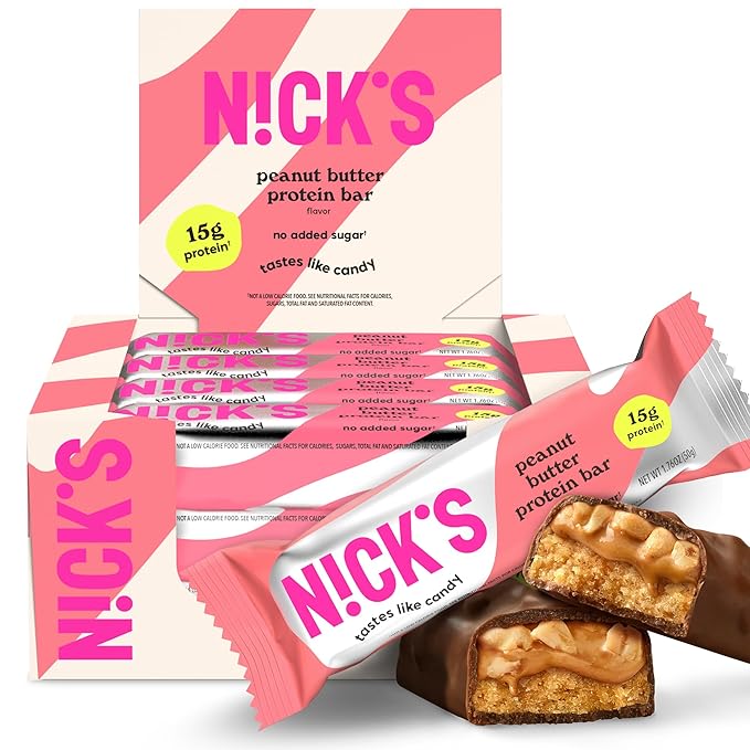 Nick’s Peanut Butter Protein Bars – 12-Count Box | High Protein, Low Calories, Low Carbs, Keto Friendly, No Added Sugar