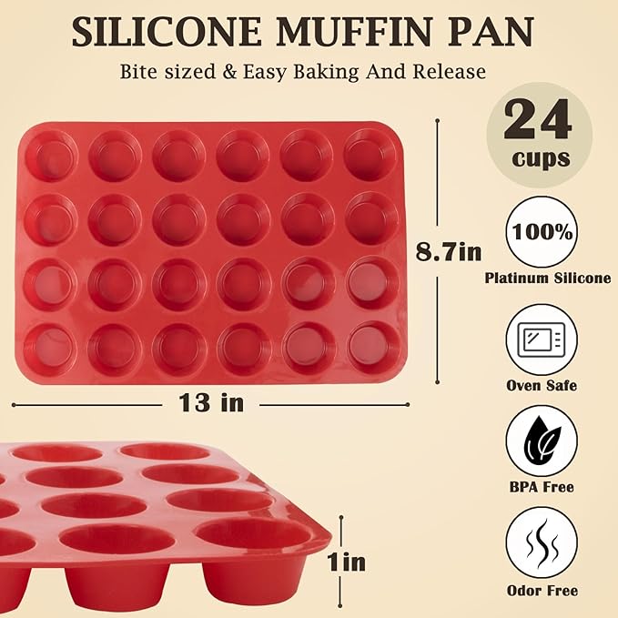 24 Cups Silicone Mini Muffin Pan Set, Nonstick Mini Cupcake Pans, BPA Free Small Muffin Tin for Baking, Set of 2 (Red+Red)