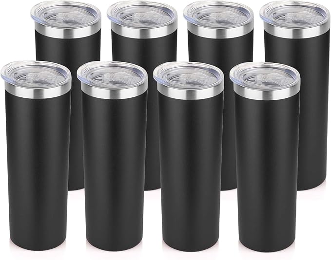 HASLE OUTFITTERS 20 oz Skinny Tumblers Bulk Set, Stainless Steel Insulated Slim Tumblers with Lids, Reusable Double Wall Travel Coffee Mugs, Durable Powder Coated Travel Water Cups(Black, 8)