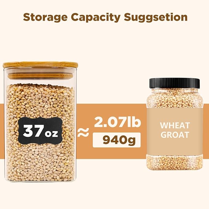 Glass Food Storage Jars Square 37oz, 4 Pack Glass Jars With Bamboo Lids, Kitchen Storage Containers For Spice, Candy, Cookie, Storage For Pantry Organizers
