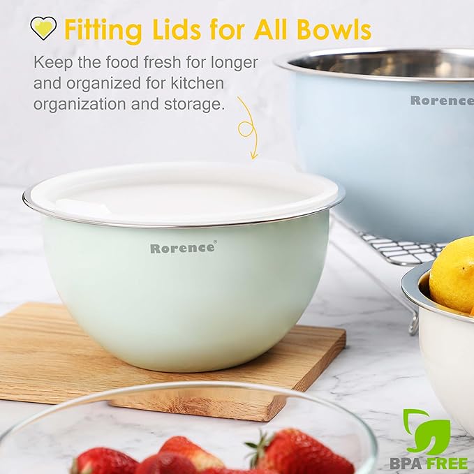 Rorence Stainless Steel Mixing Bowls: Color Painting Metal Mixing Bowl Set with Lids Nesting Bowls for Kitchen Set of 3