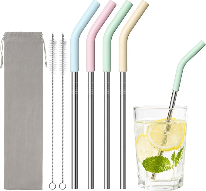 6.7" Short Metal Straw-Reusable Stainless Steel Drink Straws with Silicone Tips and Brush, Fit for 6 7 10 12 oz Small Cups (Colors 3)