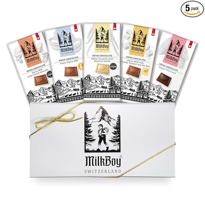 Milkboy Swiss Chocolates Gourmet Chocolate Bars - Handmade Milk and White Chocolates Bar - Premium Quality, Kosher, GMO-Free - 5 Pack Mixed Variety Gift Box