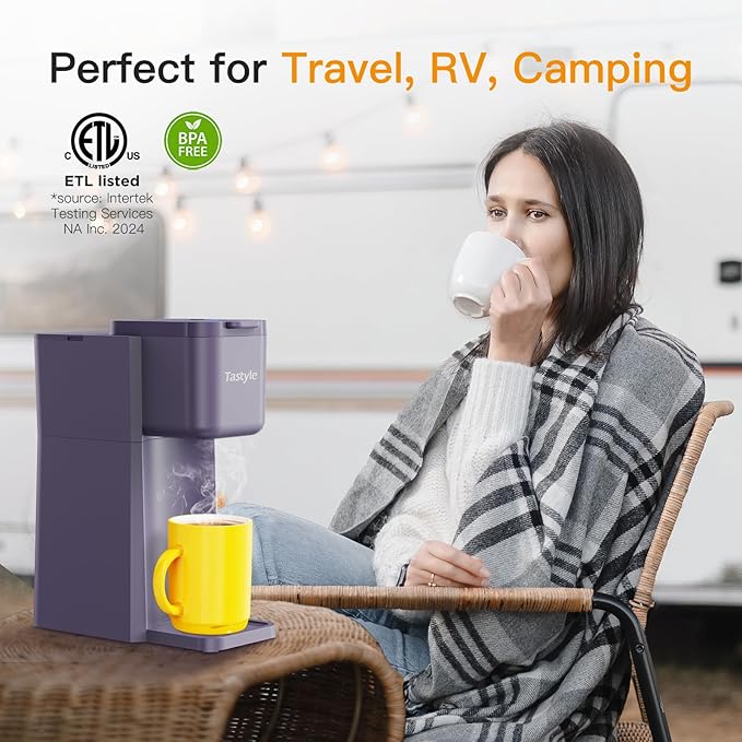 Mini Hot and Iced Coffee Maker Single Serve, for K Cup and Ground, 6 to 14 Oz Brew Sizes, with Recipe Book, for Home, Travel, RV, Office and Dorm, Violet