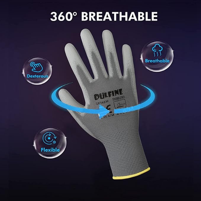 Safety Work Gloves for Men PU Coated 60 Pairs Bulk Pack,Grey Seamless Knit Glove with thin Polyurethane Coated Smooth Grip on Palm & Fingers, for Men and Women, Ideal for General Duty Work (XX-Large)