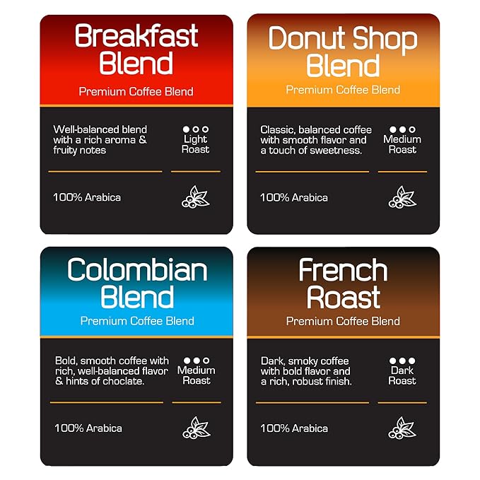 Roast Ridge Single Serve Coffee Pods for Keurig K-Cup Brewers, Variety Pack, Light Roast, Medium Roast, Dark Roast, 100 Count (25 each: Breakfast Blend, Donut Shop, French Roast, Colombian)