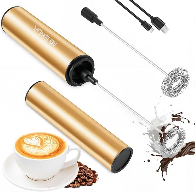 Rechargeable Milk Frother Handheld Electric Frother Wand Milk Foamer Drink Mixer for Coffee, Lattes, Cappuccino, and Egg, Stainless Steel for Travel-Golden