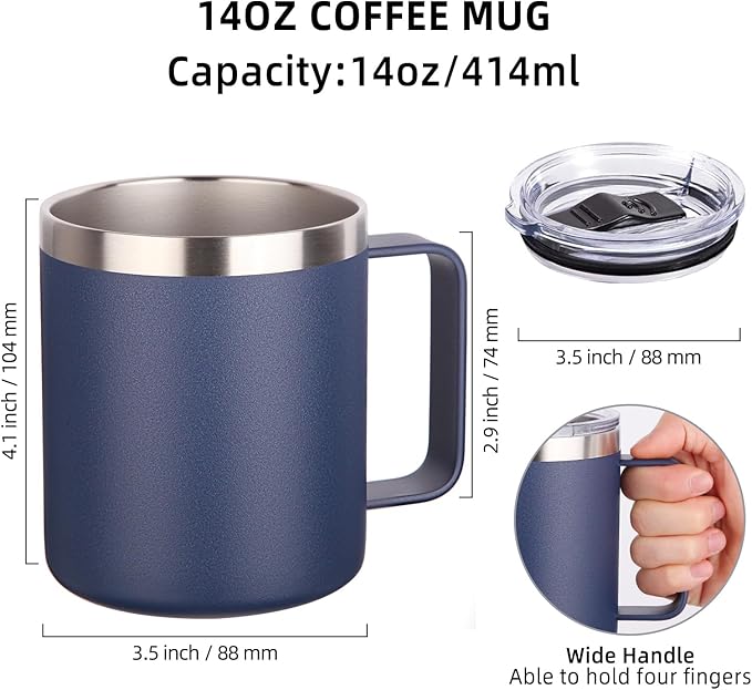 Volhoply 14oz Insulated Stainless Steel Coffee Mug with Leakproof Lid,Double Wall Vacuum Travel Coffee Cup with Handle,Reusable Metal Cups Tumbler,Camping Mugs Keep Hot&Cold,Ideal Gifts(Navy,1)