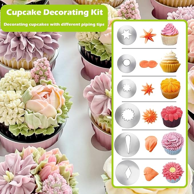 Suuker Dessert Decorating Syringe Set, Frosting Piping Kit Stainless Steels Cake Decorating Tools with 54 Piping Tips, 9 Silicone Baking Cups, Cupcake Decorating Kit