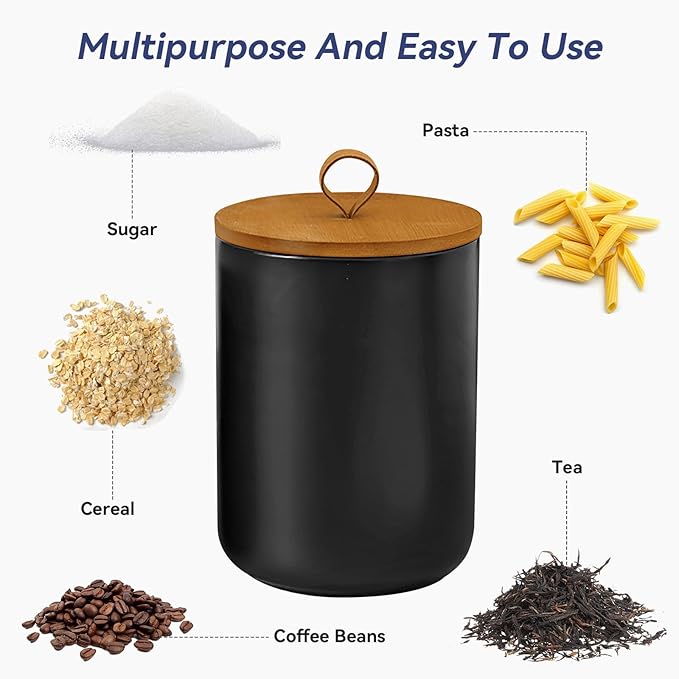 Ceramic Storage Jars, Modern Elegant Highly Polished Airtight Gorgeous Storage Canisters with Wooden Lid Small Food Stroage Jar for Kitchen Spice Tea Vanilla Sugar Coffee Beans (Black-3Pcs)
