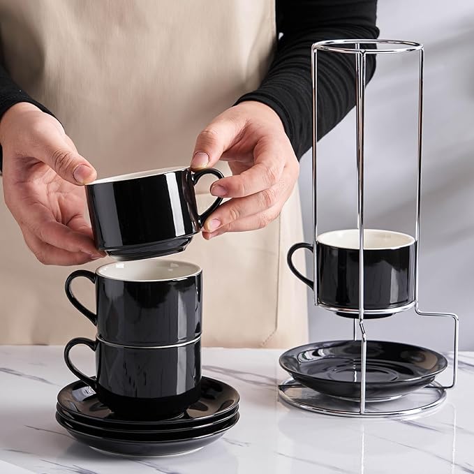 8 Ounce Porcelain Cappuccino Cups with Saucers and Silver Stand, Black Cups Set of 4