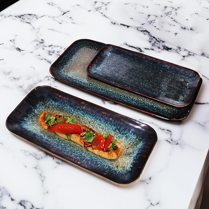 Porcelain Dinner Plates Platters Set of 2, for Fruit, dessert, snack platter, Bread, cupcake, Salad - Microwave, Dishwasher Safe, Scratch Resistant durable, Black Reactive glaze
