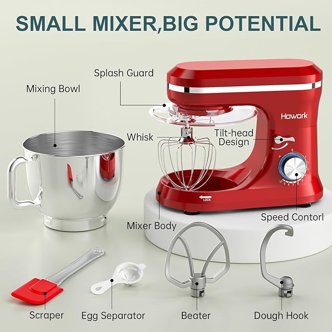 HOWORK Electric Stand Mixer,10+p Speeds With 6.5QT Stainless Steel Bowl,Dough Hook, Wire Whip & Beater,for Most Home Cooks,Bright Red