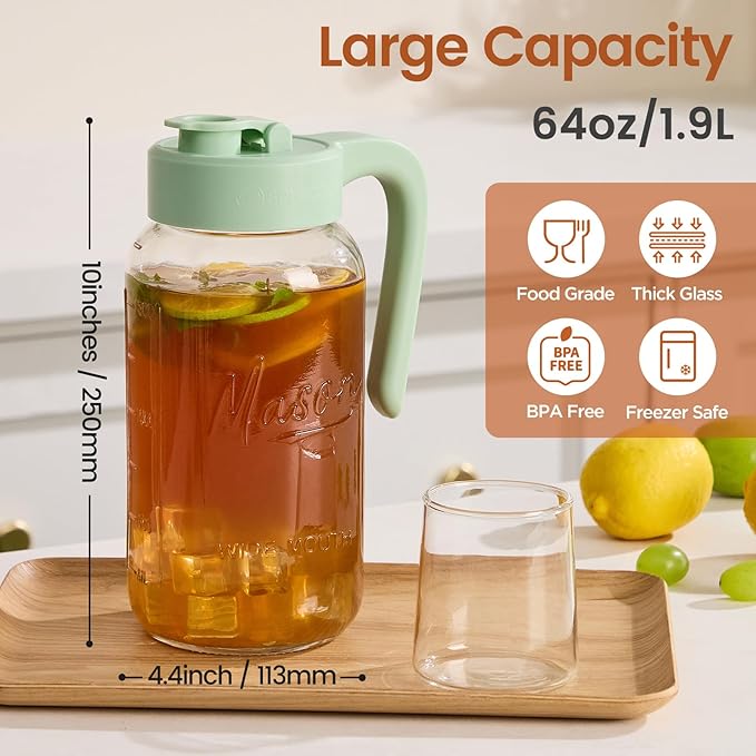 Mason Jar Pitcher with Tea Filter, Airtight & Leakproof Glass Pitcher with Lid, 64 oz Sun Tea Glass Jar for Outside, Perfect for Sun Tea, Lemonade, and iced Tea