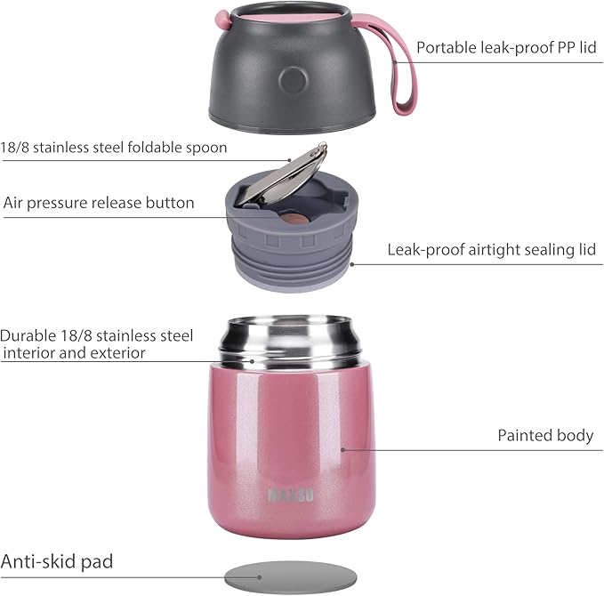 Insulated Thermo Food Jar for Hot & Cold Food for Kids Adult, 17&24 oz Soup Thermal Hot Food Containers for Lunch, Triple Layer Insulation Stainless Steel Food Jar with Spoon (2 Pack Pink)