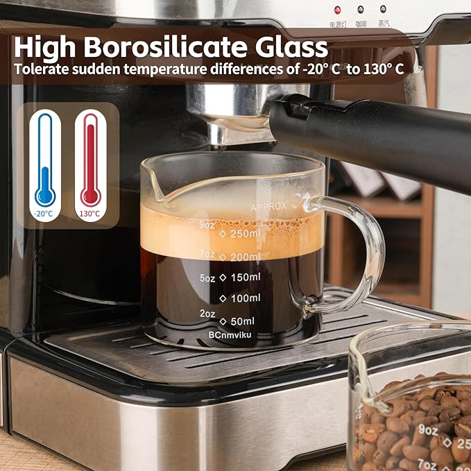 BCnmviku Espresso Cup Measuring Cup Triple Pitcher Milk Cup 250ML/8.5OZ Espresso Cups with Handle Shot Glass with V-Shaped Mouth Clear Accessories Milk Frothing Pitcher (1)