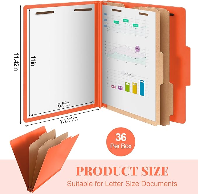 36 Pcs Classification Folders Letter Size, 2 Divider Pressboard File Folders with 3. 5 Inch Expansion, 2 Prongs Fastener, Heavy Duty Office File Organizers for Teachers, Medical (Orange)