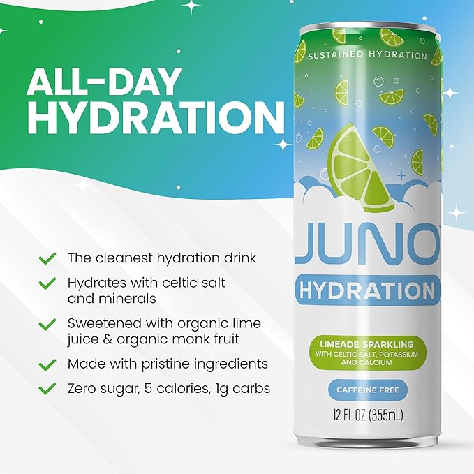 JUNO HYDRATION Drink Limeade Sparkling - Sugar Free Electrolytes, Organic Monk Fruit & Organic Lime Juice, Hydrating with Celtic Salt, Potassium, Calcium - Premium Beverage, 12 Pack