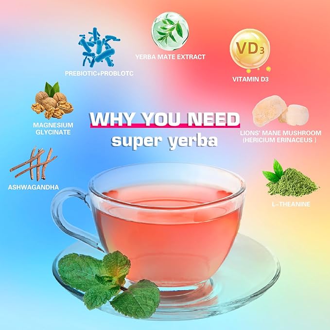 Super Yerba Mate Instant Tea Powder with Prebiotics & Probiotics - Raspberry Lemonade Flavor for Gut Health & Digestion, Natural Energy & Focus Boost, Antioxidant Rich Superfood, 30 Servings