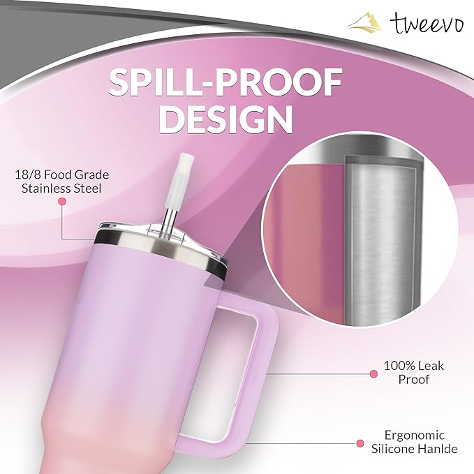 40 oz Tumbler With Handle and Straw Made of Stainless Steel - Double Wall Vacuum Insulated Tumbler With Lid - Sweat Proof Easy Grip, BPA-Free, Dishwasher Safe Tumbler (Gradient Purple)