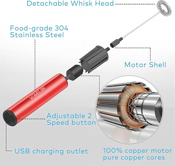 Rechargeable Milk Frother Handheld Electric Frother Wand Milk Foamer Drink Mixer for Coffee, Lattes, Cappuccino, and Egg, Stainless Steel for Travel-Rube Red