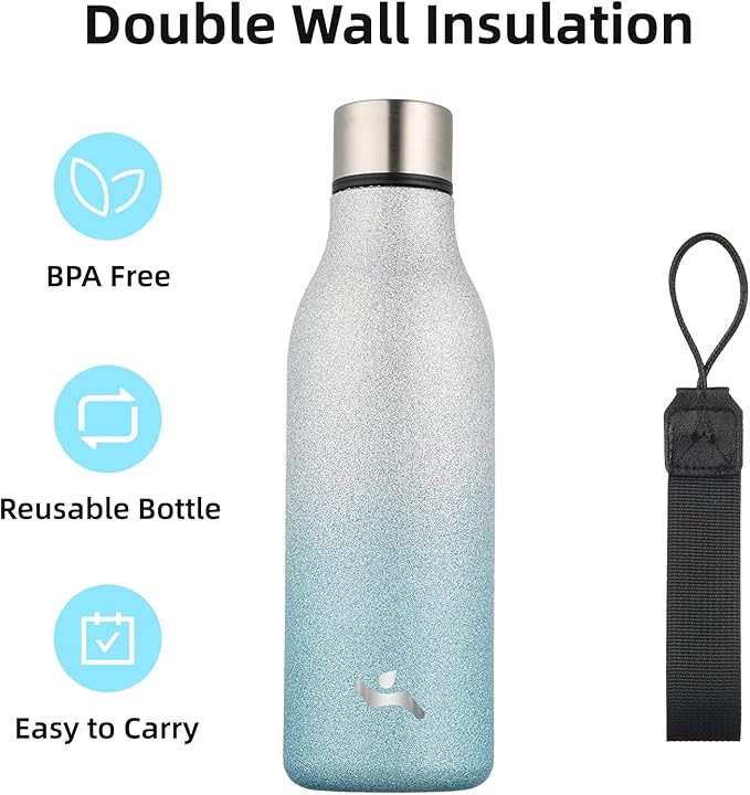 Insulated Water Bottle with Strap,18 oz Double Wall Stainless Steel Vacuum Bottles Metal Water Flask,Sparkling Silver Blue