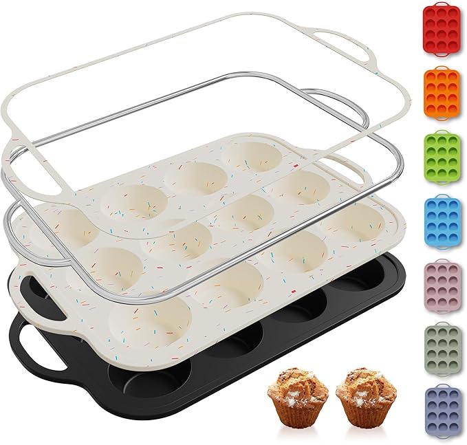 2 Packs 12 Cups Silicone Muffin Pan with Metal Reinforced Frame Regular Size Cupcake Pan Tray Egg Bites Oven Safe Silicone Molds Cookie Muffin Pan Tin Best Baking Sheets Non Toxic Clearance
