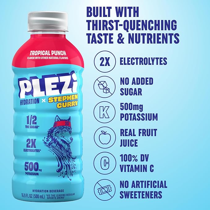 PLEZi Tropical Punch Hydration Drink x Stephen Curry - Sports Drinks with 2X Electrolytes - 500mg Potassium, Low Sugar, No Added Sugar - For Kids & Adults - 16.9 Fl Oz (12 Pack)