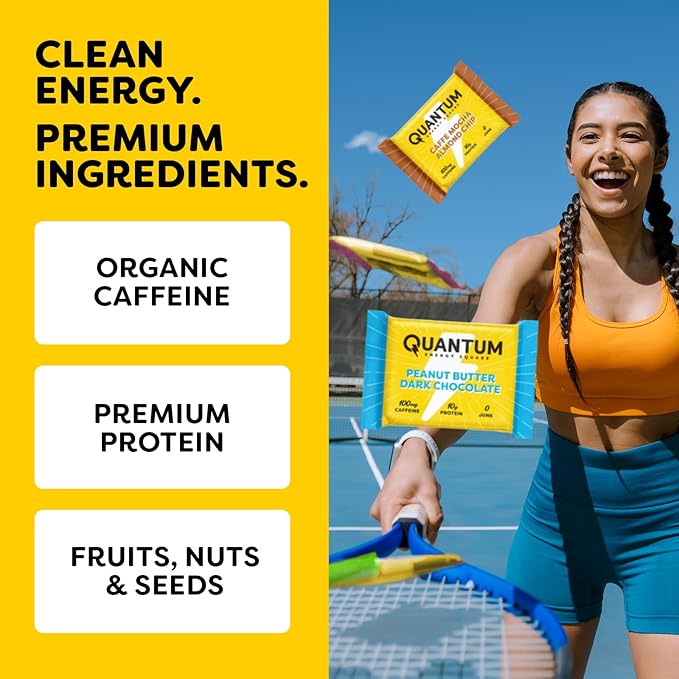 Quantum Energy Square: Energy Bar with Caffeine & 10g Protein. Delicious Healthy Snack On The Go. (Vegan, Gluten-free, Soy-free, Dairy-free) (Dark Chocolate Pink Himalayan Salt)