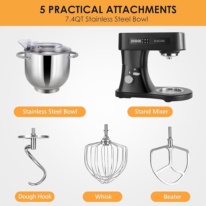 ZACME 7.4QT Household Stand Mixer 800W with Aluminum Die Casting Mixers Kitchen Electric Stand Mixer Metal Dough Mixer with Stainless Steel 7L Bowl, Dough Hook, Whisk and Beater