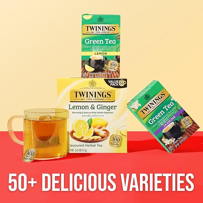 Twinings Green Tea with Lemon Individually Wrapped Bags, 20 Count (Pack of 1), Zesty Citrus Aroma & Flavour, Caffeinated, Enjoy Hot or Iced, 20 Teabags