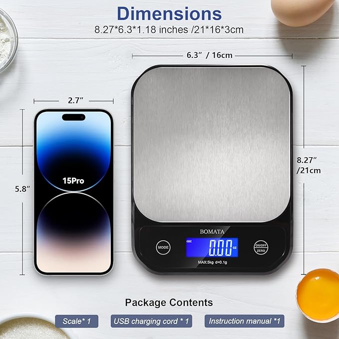BOMATA Waterproof Kitchen Scale, 0.1g/0.01oz High Precision, 5kg/11lb, Washable, USB Rechargeable, Digital Scale for Food,Cooking, Baking, Weight Loss